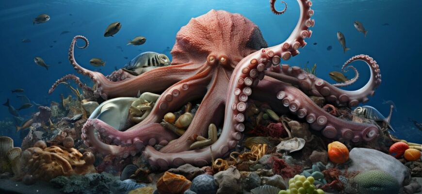 Octopus feasting on a shark.