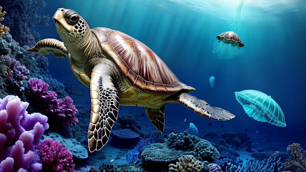 jellyfish and sea turtle