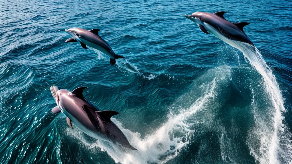 Dolphins swimming alongside boats