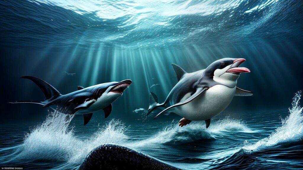 Penguin in water, avoiding shark attack.