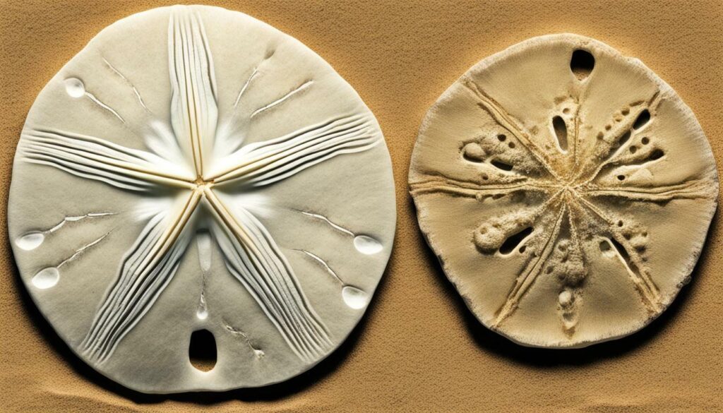 living sand dollar and fossil comparison