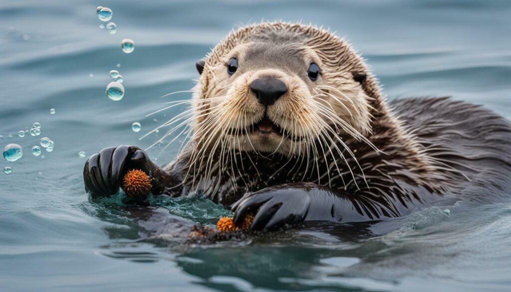 sea otter cracking open a sea urchin