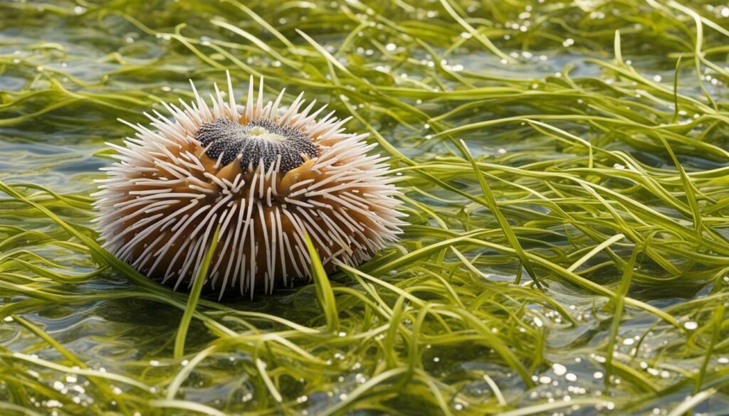sea urchin grazing on seagrass in a meadow